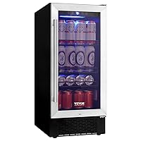 VEVOR 15” Beverage Refrigerator, 96 Cans Under Counter Built-in or Freestanding Beer Fridge, Blue LED Light, Adjustable Shelves, Child Lock, ETL