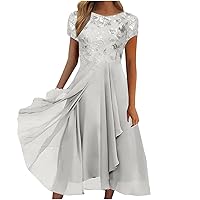 Plus Size Dress for Women Casual Dresses for Women Chiffon Elegant Lace Patchwork Dress Cut-Out Long Dress Bridesmaid Evening Dress X-Large 01-White