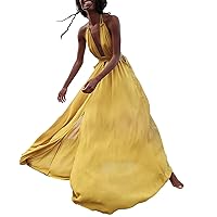 Summer Boho Dress for Women Halter V Neck Cutout Backless Maxi Dress Ruffle Flowy Solid Color Long Sundress