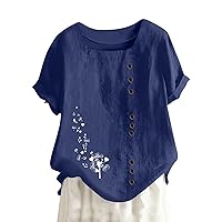 Women's Cotton Linen Summer Tops Retro Flower Embroidery Shirt Rolled Up Short Sleeved Blouse Comfy Button Round Neck Shirt