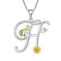 FJ Letter Initial Necklace 925 Sterling Silver Alphabet Personalised Pendant Bee Necklace Jewellery Gifts for Women Girls