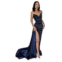 Strapless Sequin Satin Mermaid Prom Dresses Long with Slit V Neck Sparkly Sequin Evening Gowns for Women