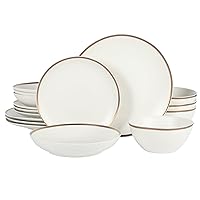Gibson Elite Kings Road Double Plates and Bowl Organic Round Porcelain Chip and Scratch Resistant Dinnerware Set - Matte White w/Gold Rim