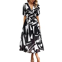 Spring Dresses for Women 2024 Casual, Puff Sleeve V Neck Floral Boho Smocked Beach Flowy Wrap Summer Dresses