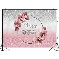 Pink and Sliver Glitter Happy Birthday Background for Party Bokeh Rose Balloons Shiny Birthday Cake Table Backdrop Decorations 7x5 ft
