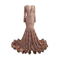 Womens Sexy Deep V Neck Prom Dress Mermaid Tulle Sequins Dresses Long Sleeve Evening Party Gown