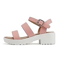Soda ACCOUNT-2 ~ Little Kids/Children/Girls Open Toe Two Bands Lug sole Fashion Block Heel Sandals with Adjustable Ankle Strap