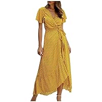 Women's Swing Casual Loose-Fitting Summer Short Sleeve Long Floor Maxi Print Flowy Beach V-Neck Glamorous Dress