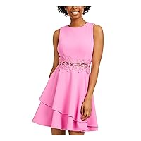 B Darlin Womens Pink Stretch Ruffled Zippered Floral Lace Illusion Waist Sleeveless Crew Neck Short Party Fit + Flare Dress Juniors 1