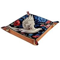 Art Bush with Doves Brown Leather Valet Catchall Organizer Tray, Folding and Rolling Design for Jewelry, Keys, Snacks, and More