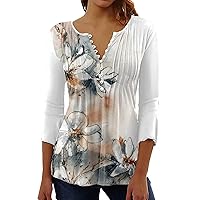 3/4 Sleeve T-Shirt for Women Floral Printed Tunic Comfort Summer Tops Button Down V Neck Fashion Casual Blouses Tops