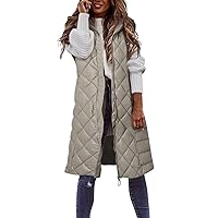 Womens Casual Sleeveless Down Coat Hooded Long Puffer Vest Jacket Zipper Quilted Hooded Jacket with Pockets