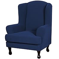 H.VERSAILTEX 2 Piece Stretch Jacquard Wingback Chair Covers Slipcovers Wing Chair Covers (Base Cover Plus Seat Cushion Cover) Furniture Covers for Wingback Chairs, Form Fitted Thick Soft, Navy