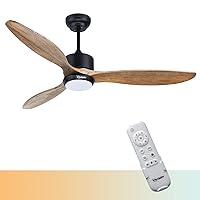 Ovlaim Wooden 132 cm Ceiling Fan with LED Lighting and Remote Control, IP44 Outdoor Ceiling Fans with Energy-Saving DC Motor, Super Quiet, Suitable for Summer and Winter, Natural Wood/Black