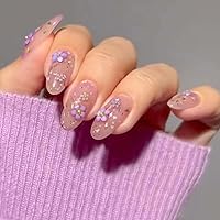 Purple Press on Nails Medium Round Almond Acrylic Nails Gold Foil Glitter Fake Nails with Colorful Flower Design Medium False Nails Floral Artificial Stick on Nails for Women Girls 24PCS