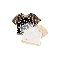 SHENHE Girl's 2 Sets Floral Print Mesh Sheer Short Sleeve Top with Camisole Cute Outfits