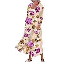 3/4 Sleeve Dresses for Women Summer Boho Maxi Dresses Printed Beach Sundresses Flowy Casual Long Dress with Pockets