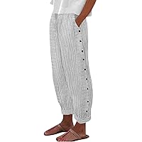 Summer Pants for Women,Casual Pants Stripe Print Side Button Trendy Pants Baggy Elastic Waist Straight Leg Comfy Trousers