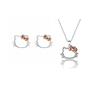 Hello Kitty Sterling Silver with a Silhouette Design Stud Earrings and Necklace with Bow Pendant Bundle