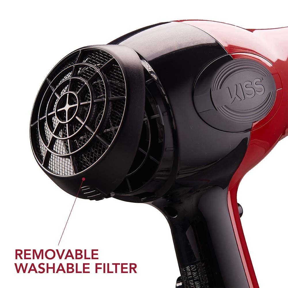 KISS 1875 Watt Pro Tourmaline Ceramic Hair Dryer, 3 Heat Settings, 2 Speed Slide Switch, Cool Shot Button, 2 Detangler Combs, 1 Concentrator, 1 Diffuser, Removable Filter Cap & 4 Sectioning Clips