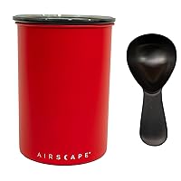 Airscape Stainless Steel Coffee Canister & Scoop Bundle - Food Storage Container - Patented Airtight Lid Pushes Out Excess Air - Preserve Food Freshness (Medium, Matte Red & Brushed Black Scoop)