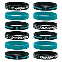 (12-pack) Teal Awareness Ribbon Bracelets, Variety Pack - Wholesale Bulk Pack of 12 Silicone Rubber Wristbands to Symbolize Hope, Courage, Strength, and Support - Unisex for Men Women Teens