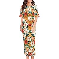 Women's Tropical Hawaiian Floral Printed Round Neck Bell Sleeve Bodycon Party Pencil Long Dress