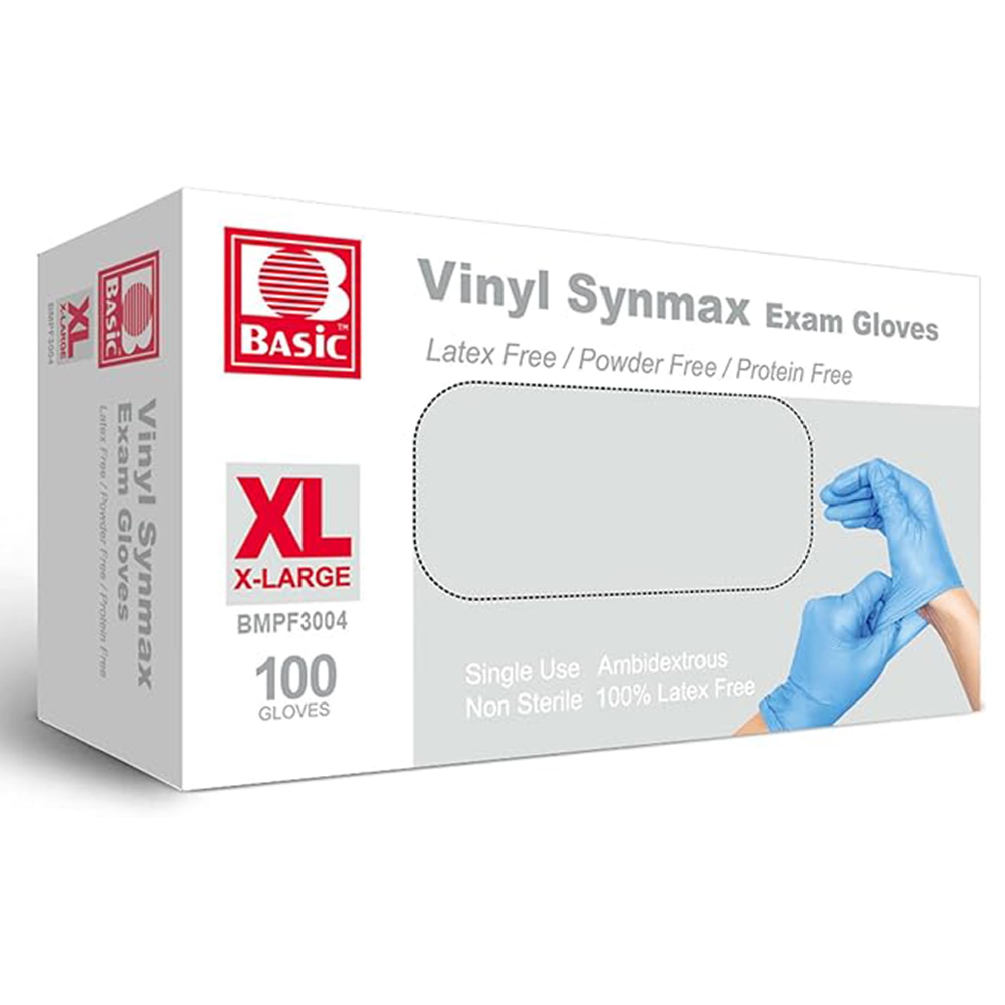 Jointown Basic Medical Synmax Vinyl Exam Gloves - Latex-Free & Powder-Free - X-Large, BMPF-3004 Blue Box of 100