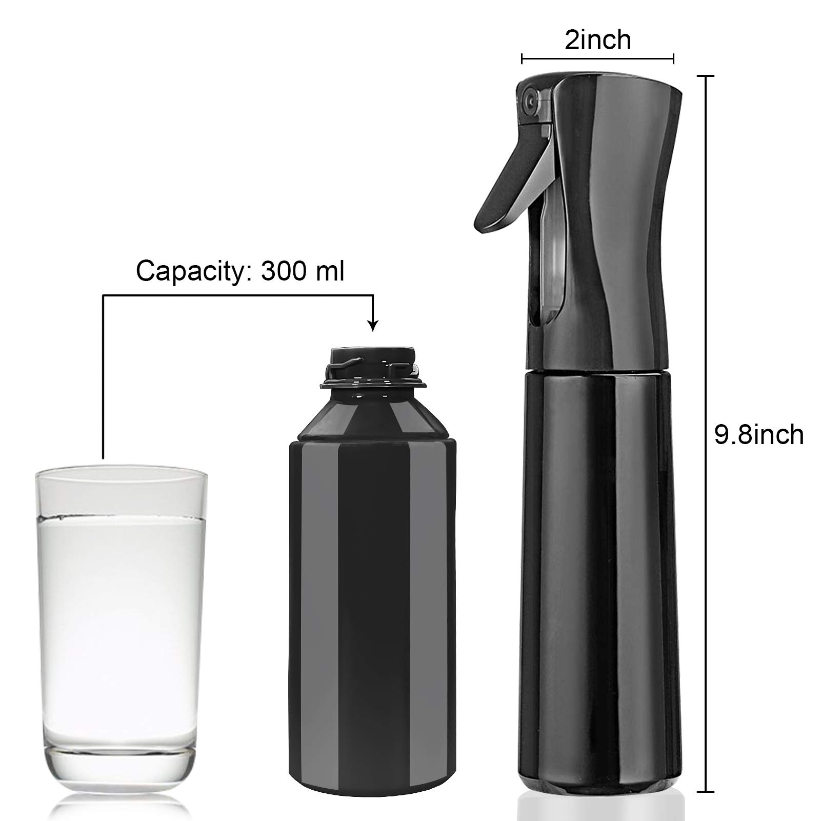 Cosywell Hair Spray Bottle Empty Plastic Trigger Spray Bottle Refillable Fine Mist Sprayer Bottle 2 Pack 10oz /300ml for Hair Styling, Cleaning, Garden Continuous Water Mister (1Black+White)