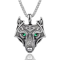 Mens Stainless Steel Viking Celtic Wolf Head Pendant Necklace 4 Eye Color