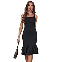 Dresses for Women Solid Rib Knit Mermaid Hem Tiered Layer Bodycon Dress (Color : Black, Size : Medium)