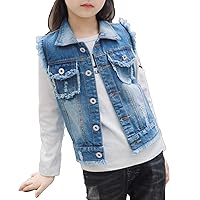 TiaoBug Kids Girls Ripped Denim Vest Button-Down Denim Jacket Distressed Jean Gilet Waistcoat Top School Coat Outwear