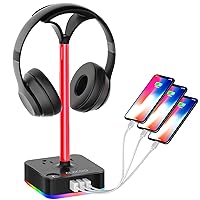 Headphone Stand-Headset Holder-RGB Gaming Headset Stand with 3USB Charging Port and 2 Prong AC Outlet Power Strips, 8 Light Modes and Non-Slip Rubber Base, Gamers Desktop Game Earphone Accessories.