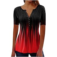 Ladies Casual Shirts V Neck Button Blouses Fashion Printing Short Sleeve Shirts for Women Pleated Tunic Tee Top