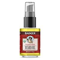 Badger Beard Oil, Bergamot & Vanilla, Certified Organic Beard Oil, Premium Grooming Beard Oil for Dry Skin and Short or Long Beards, Facial Hair Oil, 1 fl oz Glass Bottle