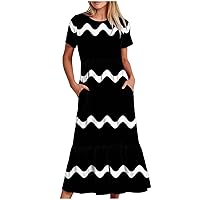Women's Flowy Tiered Maxi Beach Dress with Pockets Ware Print Casual Short Sleeve Crewneck Swing Dress Summer Outfits