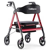 OasisSpace Heavy Duty Rollator Walker - Bariatric Rollator Walker with Large Seat for Seniors Support Up 450 lbs (Red)