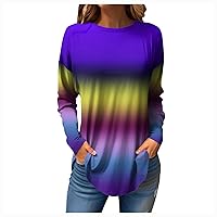 Long Sleeve Tunic Tops for Women Fashion Gradient Holiday Shirts Casual Crew Neck Oversized Graphic Tees