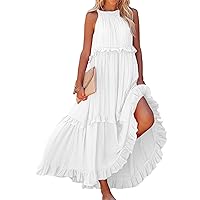 Womens Summer Beach Dresses Tiered Ruffle Maxi Dress Sleeveless Halter Tie Back Dress Pockets Flowy Boho Sundress