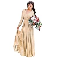 ZHengquan Women's V Neck Chiffon Long Sleeves Bridemaid Dress Floor Length Backless Wedding Guest Dress