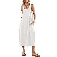ReachMe Womens Summer Sleeveless Midi Dress Backless Beach Dresses Casual Sccop Neck Barrel Sundresses with Pockets