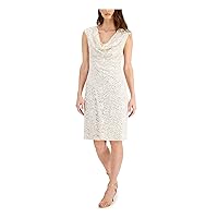 Connected Apparel Womens Beige Sequined Pleated Lace Lined Floral Cap Sleeve Cowl Neck Knee Length Evening Sheath Dress 10