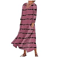 2024 Summer Dress for Women,Women's Round Neck Casual Printed Dress Comfortable Fashion Printed 3/4 Sleeve Dress with Pockets