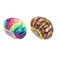 mikimini Rainbow Series Shower Cap 2 Pack, 12inch Double Waterproof Soft PEVA Lining(A)&Golden Striped Shower Cap 2 Pack, Double Waterproof Soft PEVA Lining（Stripe）