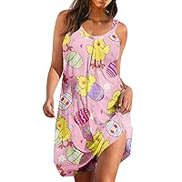 Womens Maxi Dress Summer Easter Summer Women Sleeveless Rabbit Egg Pattern Tank Vest Dress Boho Casual Swing