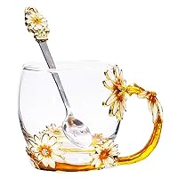 Tea Cups Coffee Mug Cups Clear Glass With Spoon Set Handmade Daisy Best Valentine's Day Gift For Newlyweds, Christmas, New Year, Anniversaries, Parents, Weddings, Engagements, Couples Gifts.12OZ