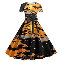 Halloween Castle Dress Women's 1950s Retro Vintage Short Sleeve Cocktail Swing Dress Audrey Hepburn Patchwork Dress