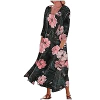 Dresses for Women 2023 Fation Floral Print Maxi Dress Three Quarter Sleeves Cotton Summer Dress with Pockets