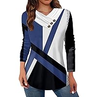 Trendy Blouses for Women Vneck Long Sleeve Shirts Winter Contrast Patchwork Casual Tops Dressy Buttons Sweatshirt