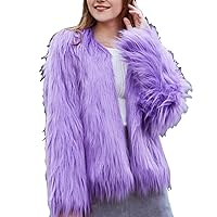 Women's Solid Color Shaggy Faux Fur Coat Long Sleeves Jacket Outerwear Tops